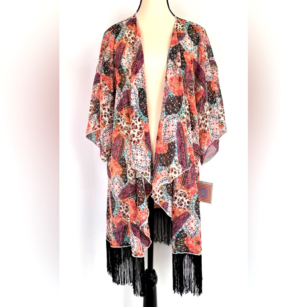 LuLaRoe Monroe Kimono Wrap Boho Patchwork Fringe Duster Robe Swim Cover Sz LG‎